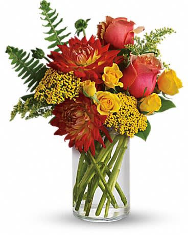 Seaside Oasis - Hot pink roses, orange colored Fuji mums, yellow yarrow and spray roses. Clear cylinder will vary due to availability.