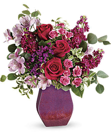  Rare Jewels Bouquet - Make mom feel like the rare treasure she is with this magnificent bouquet of pink roses and lavender blooms! Its jewel tones are perfectly paired with a hand-glazed ceramic vase that sparkles with a glossy gradient finish.  Vase used upon availability in our shop. We have sold out of vases.