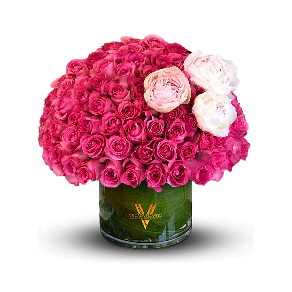 Passionate Elegance - Hot pink roses radiate bold elegance and vivacity, while peonies symbolize romance, prosperity, and good fortune. This captivating box features a selection of hot pink roses harmoniously combined with three exquisite peonies, all skillfully arranged into a perfect dome. Every bloom is thoughtfully placed to create a stunning representation of elegance, romance, and passionate energy.