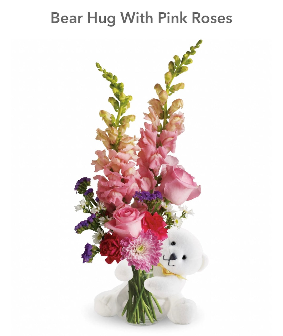 Bear Hug with Pink Roses - Send this adorable little bear with enchanting flowers, and someone special will think you're just as sweet as can be. 