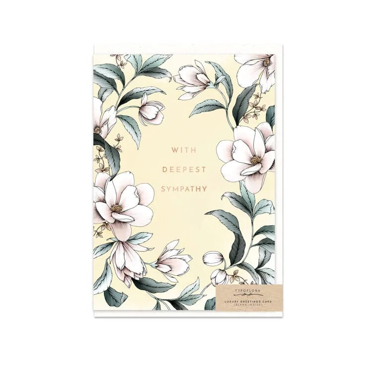 Magnolia Sympathy Card Magnolia Sympathy Card - This greeting card features hand drawn floral and foliage illustrations and calligraphy with rose gold foil finish. The interior is blank and it is printed in Australia on environmentally responsible, carbon neutral 300gsm stock.