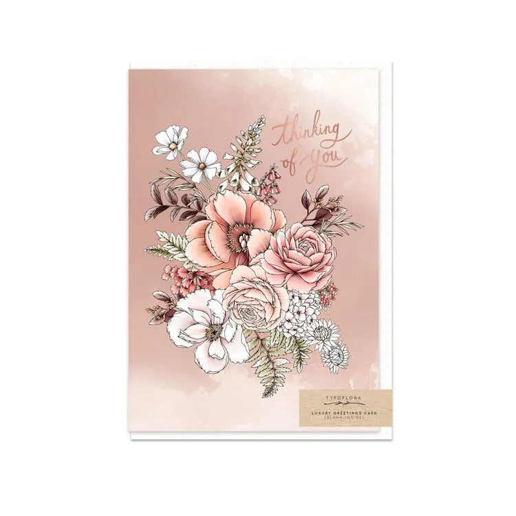 Peony Thinking of You Card Peony Thinking of You Card - This greeting card features hand drawn floral and foliage illustrations and calligraphy with rose gold foil finish. The interior is blank and it is printed in Australia on environmentally responsible, carbon neutral 300gsm stock.