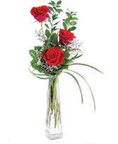 Three Fiery Roses Bud Vase - A Bud Vase with 3 red roses, and greenery.