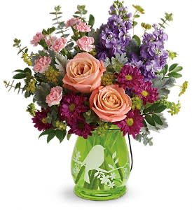 Soaring Spring Bouquet  - This stunning arrangement is all about spring!  The keepsake beautiful green vase etched with a white bird is filled with Roses, Daisies, Carnations and Seasonal Greenery.  Happy Spring! 	  