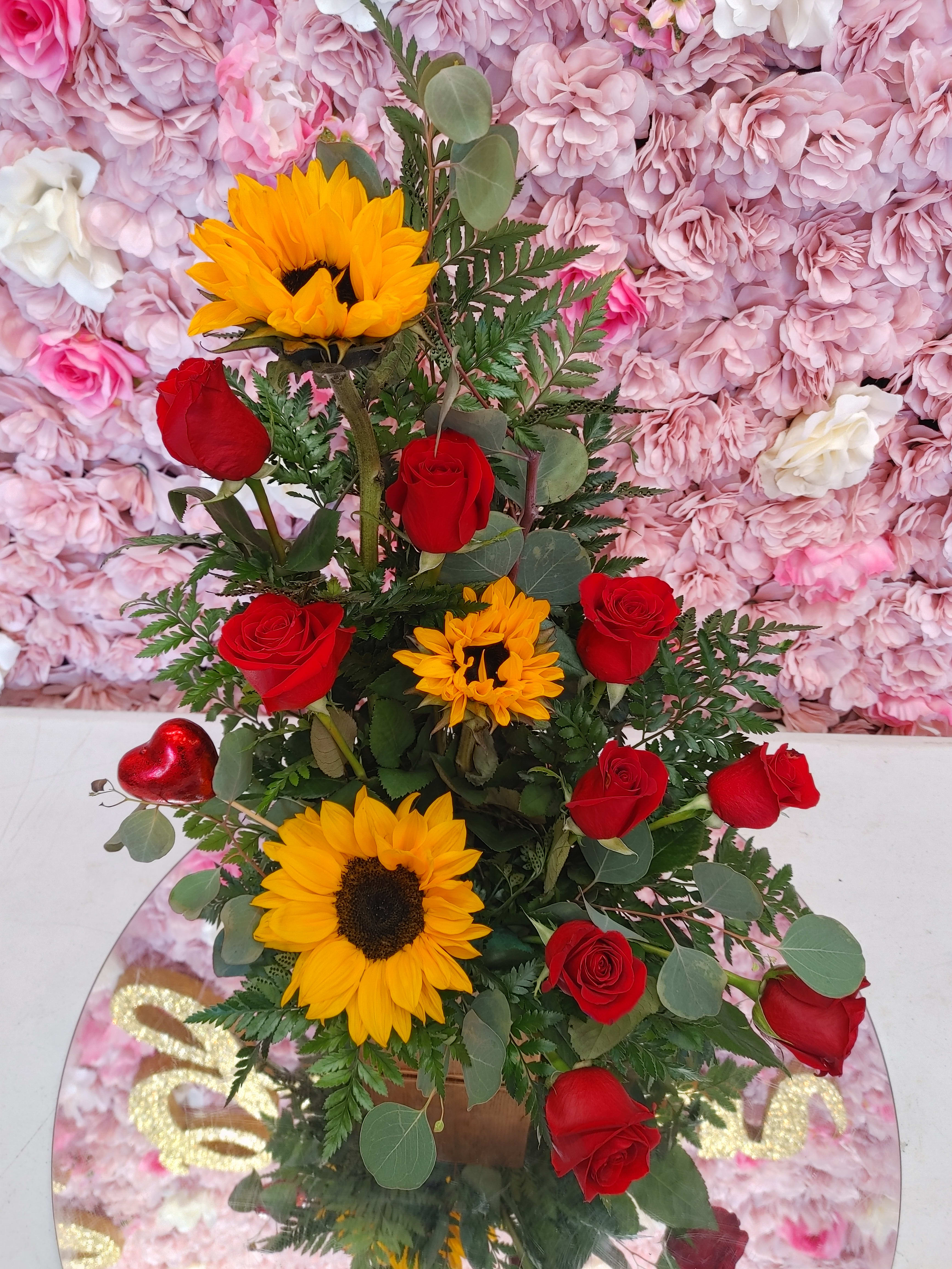 Sunrise Bouquet - Roses and sunflower in a beautiful wooden box