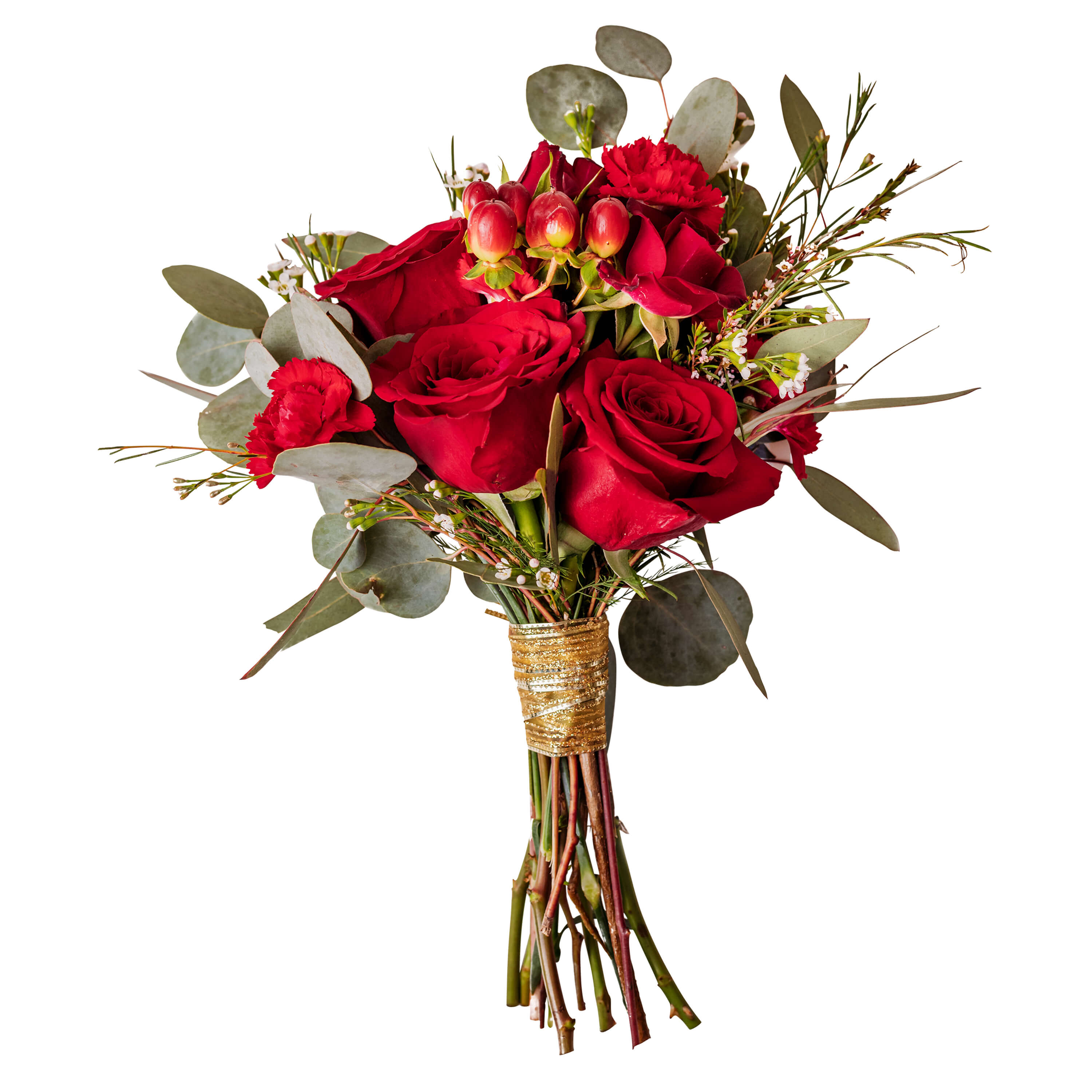 Frankly My Dear - Our Frankly My Dear hand tied bouquet features red roses, red berries, eucalyptus with gold accent ribbon.