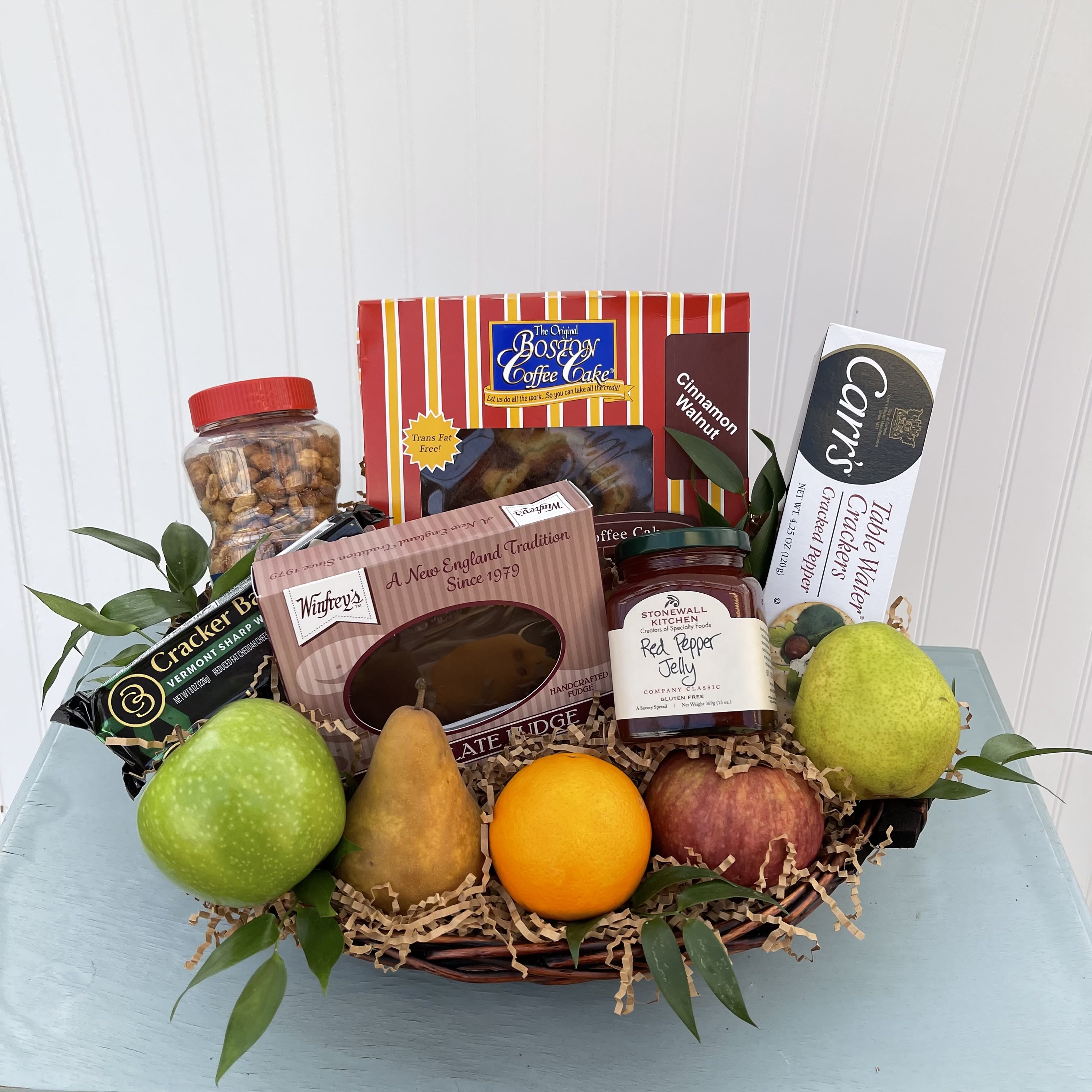 Fruit + Goodies  - Our hand-made baskets include an assortment of fresh fruit and  yummy goodie items from local favs including Winfrey's and Stonewall Kitchen. Each gift is unique and may vary slightly from image but will be great all the same!