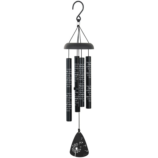 "Winds Of Heaven" 21" Black Sonnet Chime "Winds Of Heaven" 21" Black Sonnet Chime - 21" sonnet chimes have 4 heavy walled, center pinned tubes that emit sweet gentle tones. All aluminum construction, durable powder coated and anodized finish, and strung with industrial cord. Each chime has an adjustable striker. Tubes are 3/4" diameter, sentiment is printed directly onto the tubes. Chime Tubes Read: "May the winds of Heaven blow softly and whisper in your ear, how much we love and miss you, and wish that you were here." L: 21" W: 4"