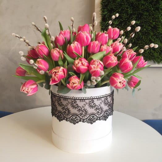 Southerrn Charm  - All spring in the same box. Peony tulips and soft pussy willow blend perfectly in one song and say that spring is near. As pictured Tulip Terry - 45 pc. Willow - 20 pc. Eucalyptus - 5 pc. Box - 1 pc. 