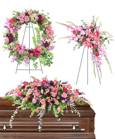 LAVENDER &amp; PINK MIX 3 PIECE PACKAGE - Pink assorted funeral arrangement set contains 3 flower pieces. As Shown:FUNERAL PCS: Wreath on a 5’-6” STAND(INCLUDED), Standing Spray on a 5’-6” STAND(INCLUDED)and Casket Piece or MIX MATCH ANY 3- ITEMS OF EQUAL OR LESSOR VALUE TO CUSTOMIZE YOUR ORDER REQUEST YOUR OWN COLOR PALLET TOO! 