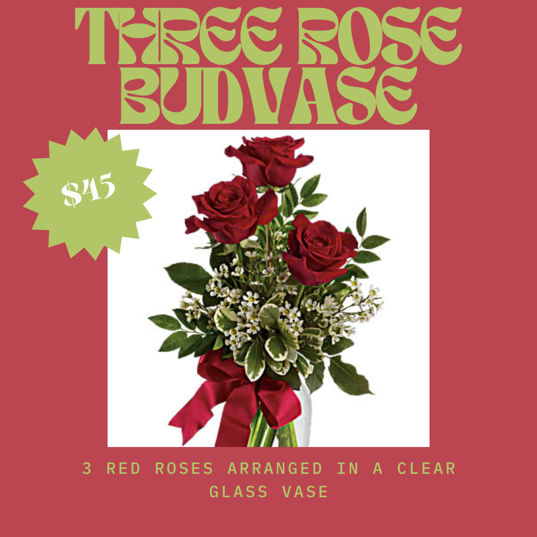 3 Rose Budvase - It's the thought that counts, but it counts a bit more when it is expressed with three gorgeous red roses in a lovely arrangement tied up with a red satin ribbon.   ***** Local Delivery Only*******