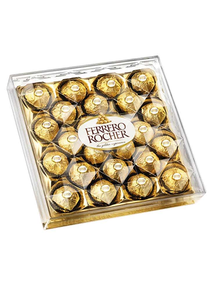 Ferrero Rocher 24 Count Ferrero Rocher 24 Count - 24-Count Gift Box A tempting combination of smooth chocolaty cream surrounding a whole hazelnut within a delciate, crisp wafer all enveloped in milk chocolate and finely chopped hazelnuts