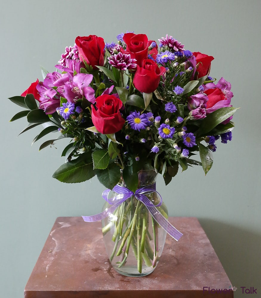 Ruby Rose Bouquet - Red roses, purple monte casino, poms and alstroemeria. 