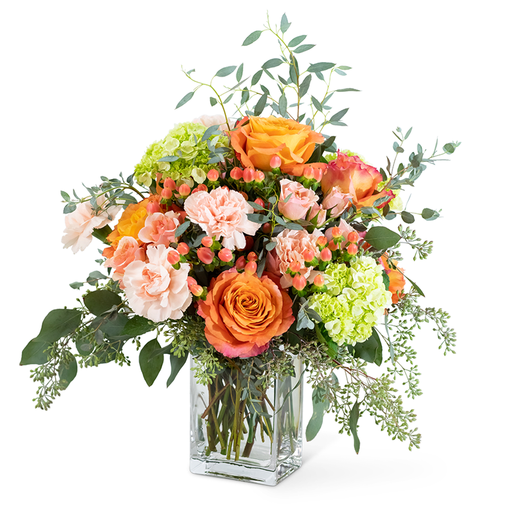 Sweet Caroline - Looking for the perfect birthday or new baby gift? Make someone's day with the creatively designed Sweet Caroline arrangement. Its highlighted flowers include Free Spirit Roses, peach carnation, hypericum berries, peach spray roses, mini green hydrangea, and different varieties of eucalyptus. It's a great gift to send for any occasion. 