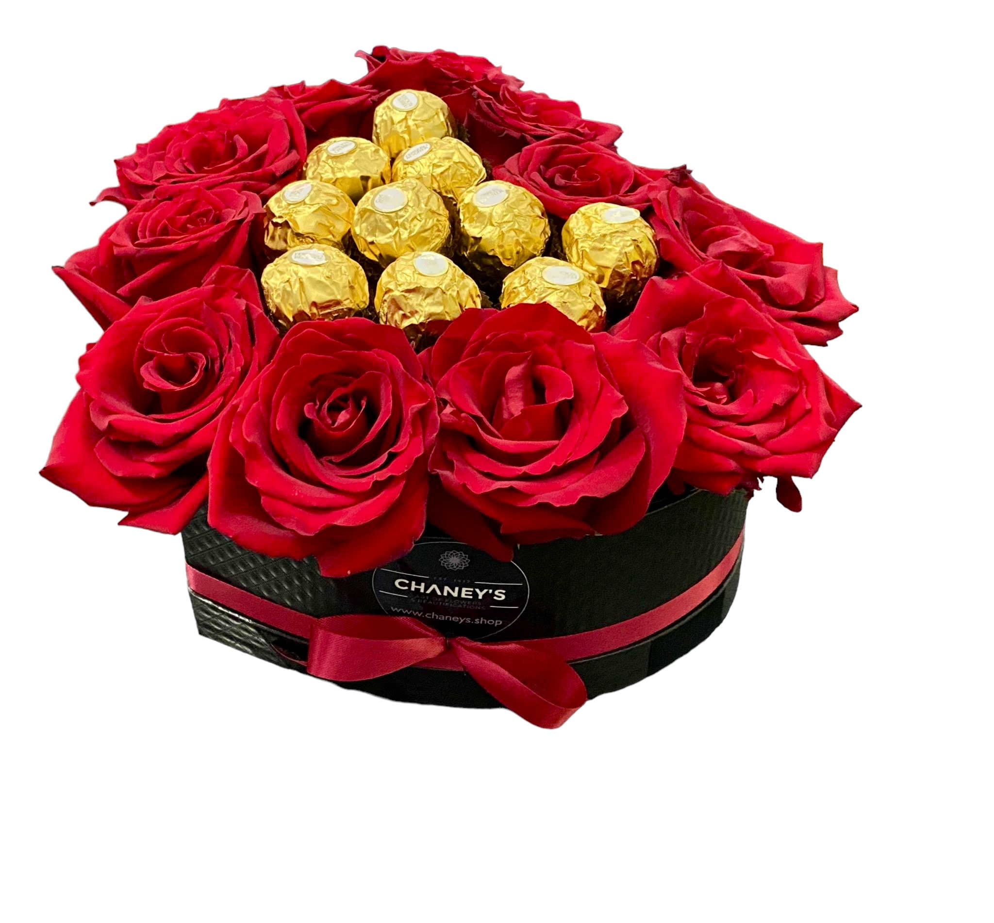 Chaney´s Black Heart Box - Nicely designed heart of 11 roses along with 10 counts of Ferrero Rocher. 2 more designs available in DeLuxe and Premium!