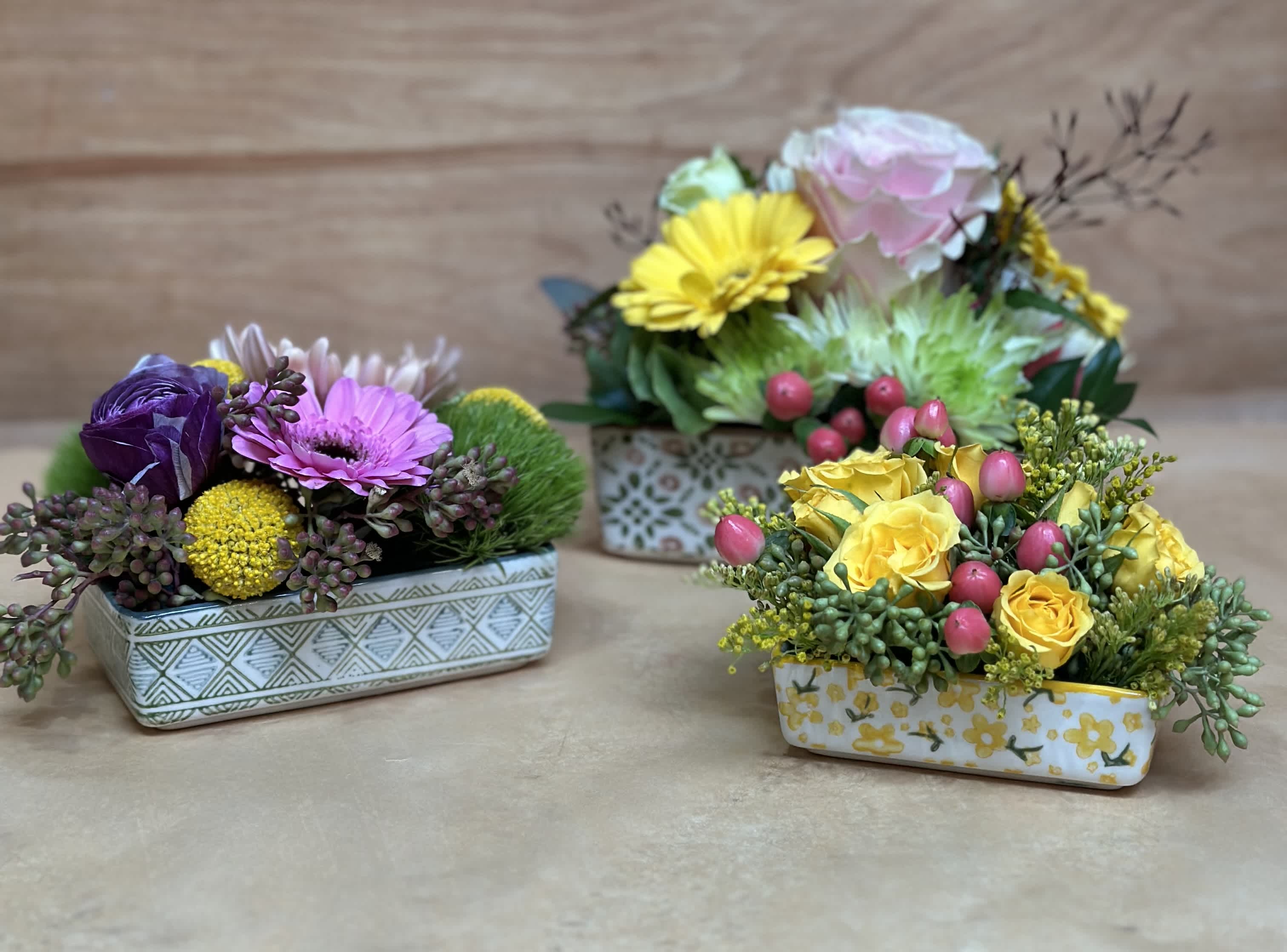 Ramekins Trio  - An assortment of seasonal floral will be arranged in our food safe Ramekins. The selection of flowers will vary in each arrangement based on availability.  Approx. Large Length 6&quot; Medium Length 5&quot; Small Length 4&quot; 