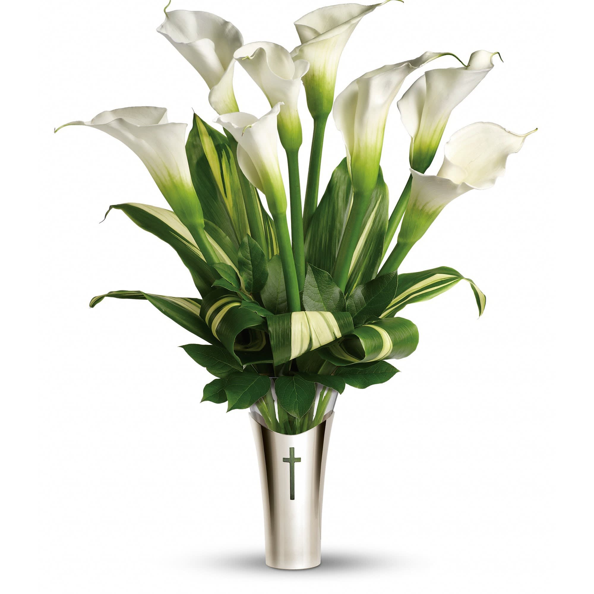Teleflora's Inspiration Bouquet - Surprise someone special with this lovely inspirational gift of white calla lilies in a glass vase inside a silver-plated sleeve. Graced with a beautiful cross motif, it's a joyful gift they'll love now and forever.  