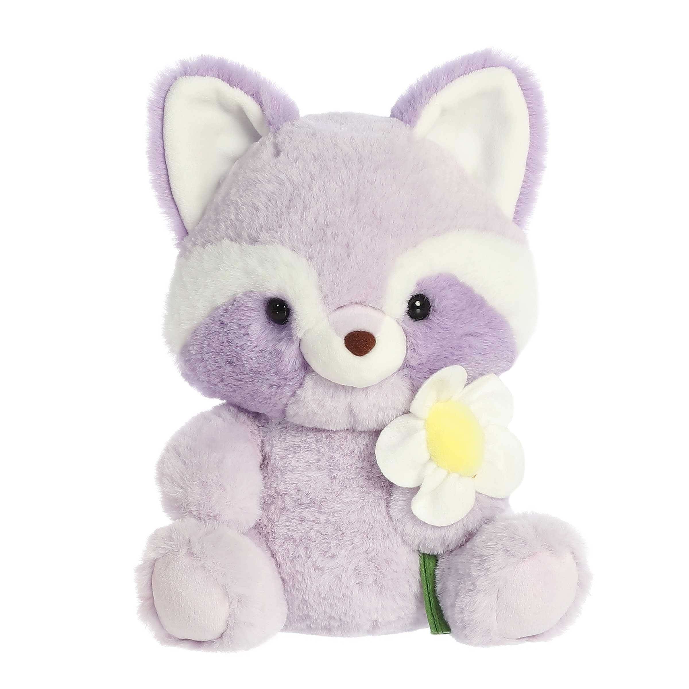 Spring Raccoon Plush - This charming raccoon holds a daisy, symbolizing the reawakening of nature. Its soft, purple fur is highlighted with white accents, giving it a gentle appearance, while its endearing eyes sparkle with curiosity. Made with premium, child-friendly materials, it's perfect for a comforting cuddle or as a decorative piece in a spring-themed room.  Approximately 9&quot;.