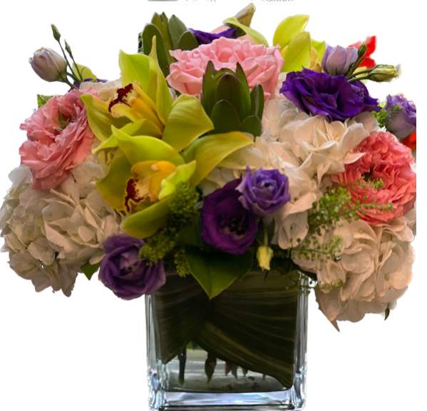 Splendid Day - This bright and colorful arrangement is perfect for any occasion. Beautiful fresh flowers like hydrangea, roses, lisianthus, and orchid's.
