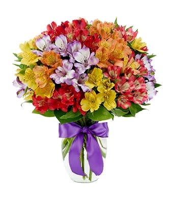 Rainbow Peruvian Lily Bouquet - A kaleidoscope of intense color can best describe this vivid arrangement boasting alstroemeria in yellow, purple, orange, red and hot pink in a clear vase with a pretty ribbon bow. Measures 16&quot;H by 14&quot;L.