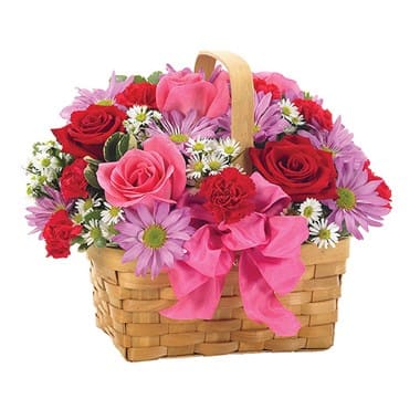 Basket Of Love Basket Of Love - A tisket, a tasket...an enticing basket of pure thoughtfulness. Red and pink roses are artfully combined with lavender and purple daisies, white Monte Casino and hot pink mini carnations in a beautifully crafted split wood basket with hot pink satin ribbon. Measures 10"H by 12"L.