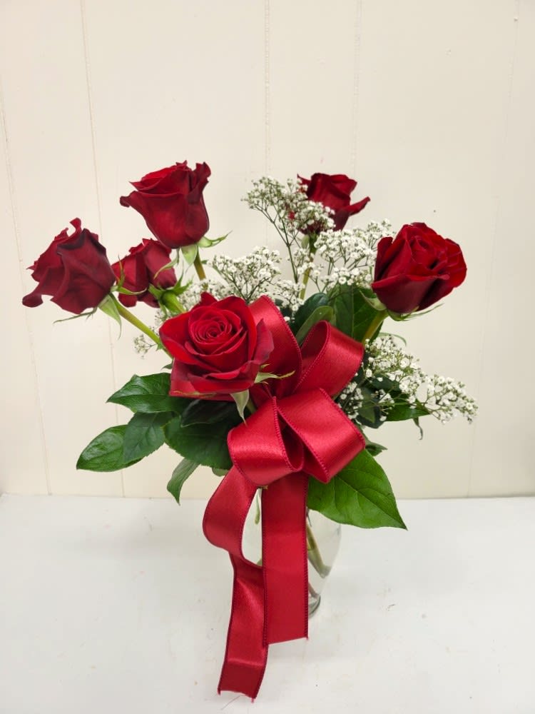 Classic Half Dozen Roses - A timeless classic of six roses with baby's breath and a bow. Perfect for any occasion!