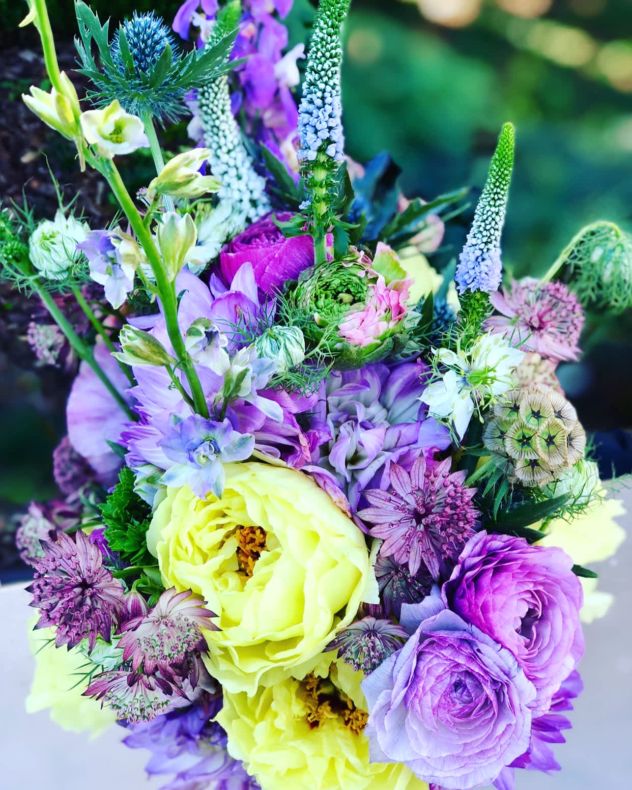the &quot;Ashley&quot; - This tight and compact pastel beauty makes up in bold colors what it lacks in size. The bright yellows of spring with the wild blooms of veronica mix beautifully with the pods and delicate thistle to make the lavenders take center stage in this piece.  *All bouquets can be arranged in vases or containers