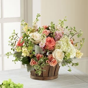 The FTD® Bountiful Garden™ Bouquet -  Inspired by French country gardens, this captivating flower bouquet has a Victorian styling your recipient will adore. White and salmon roses made the eyes dance while surrounded by pink larkspur, cream gilly flower, peach spray roses, clouds of white hydrangea, dusty miller stems, and lush greens, arranged to perfection in an oval stained woodchip basket that helps to blend soft sophistication with raw, rustic appeal. That perfect happy birthday, thinking of you, or thank you gift! GOOD bouquet includes 13 stems. Approx. 14&quot;H x 16&quot;W. BETTER bouquet includes 18 stems. Approx. 15&quot;H x 18&quot;W. BEST bouquet includes 24 stems. Approx. 16&quot;H x 20&quot;W. 