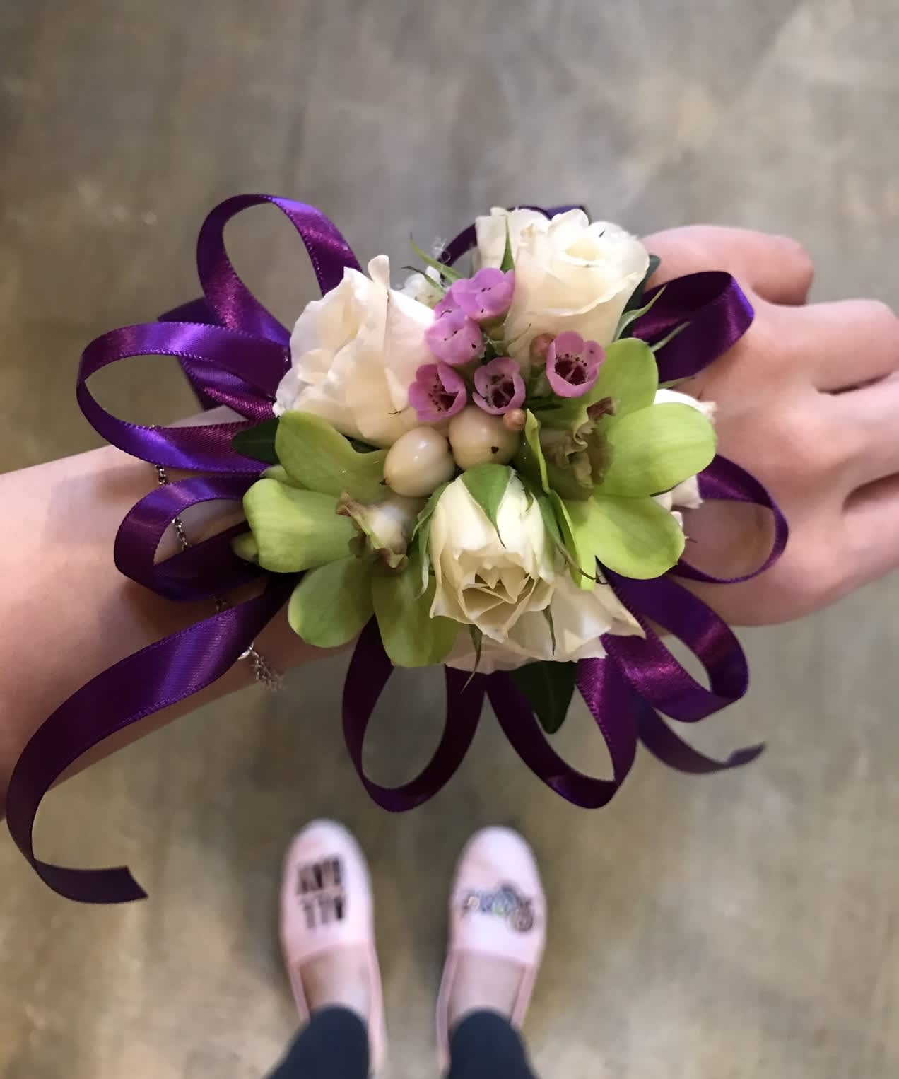 Classic White Open Heart with Purple Corsage Classic White Open Heart with Purple Corsage