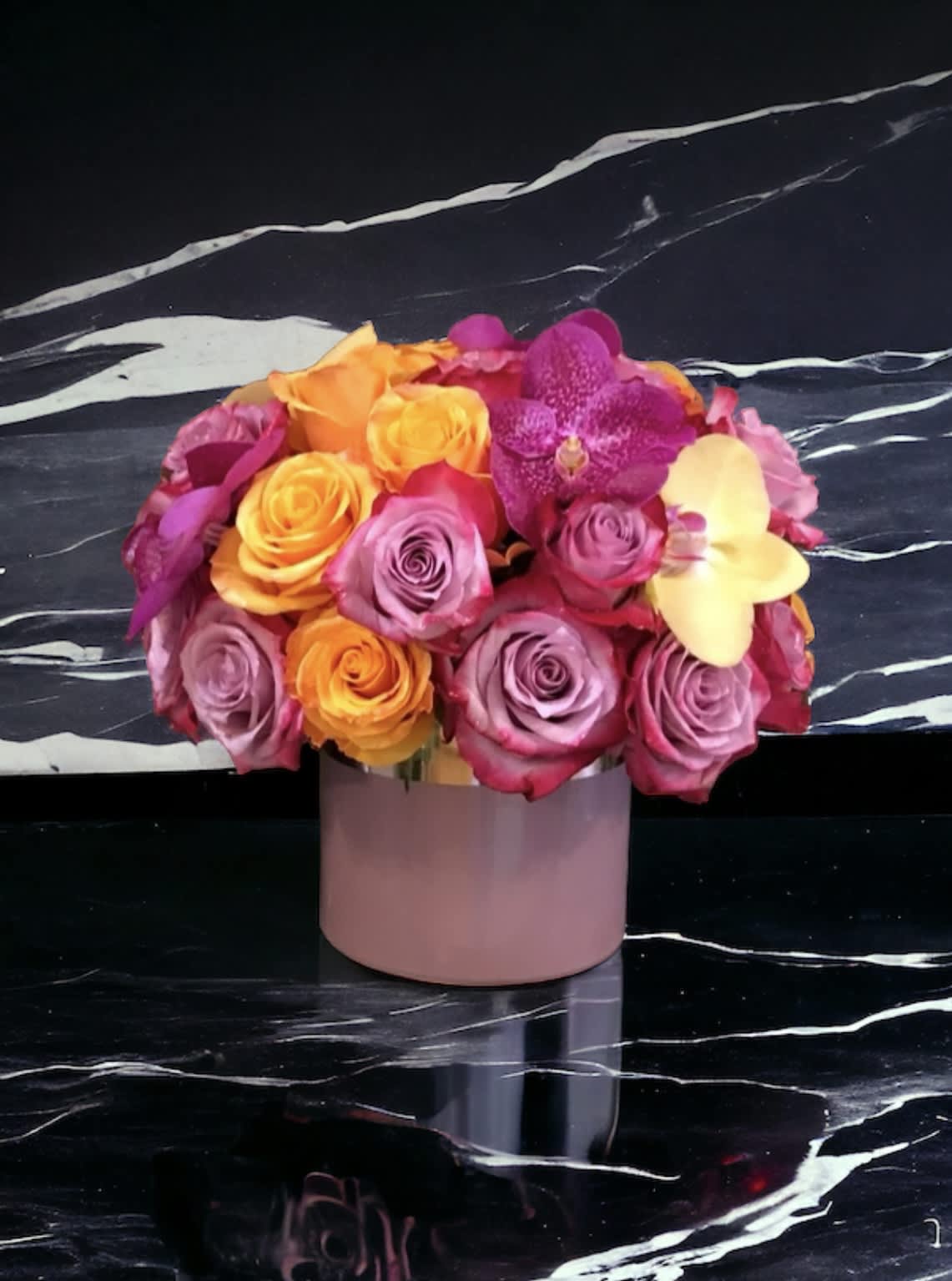 Lovely you! - Flower : Purple roses, orange roses, pink vanda orchids, yellow orchids  Vase 6*6 Pink ceramic vase Total size: H 9 * W 7 