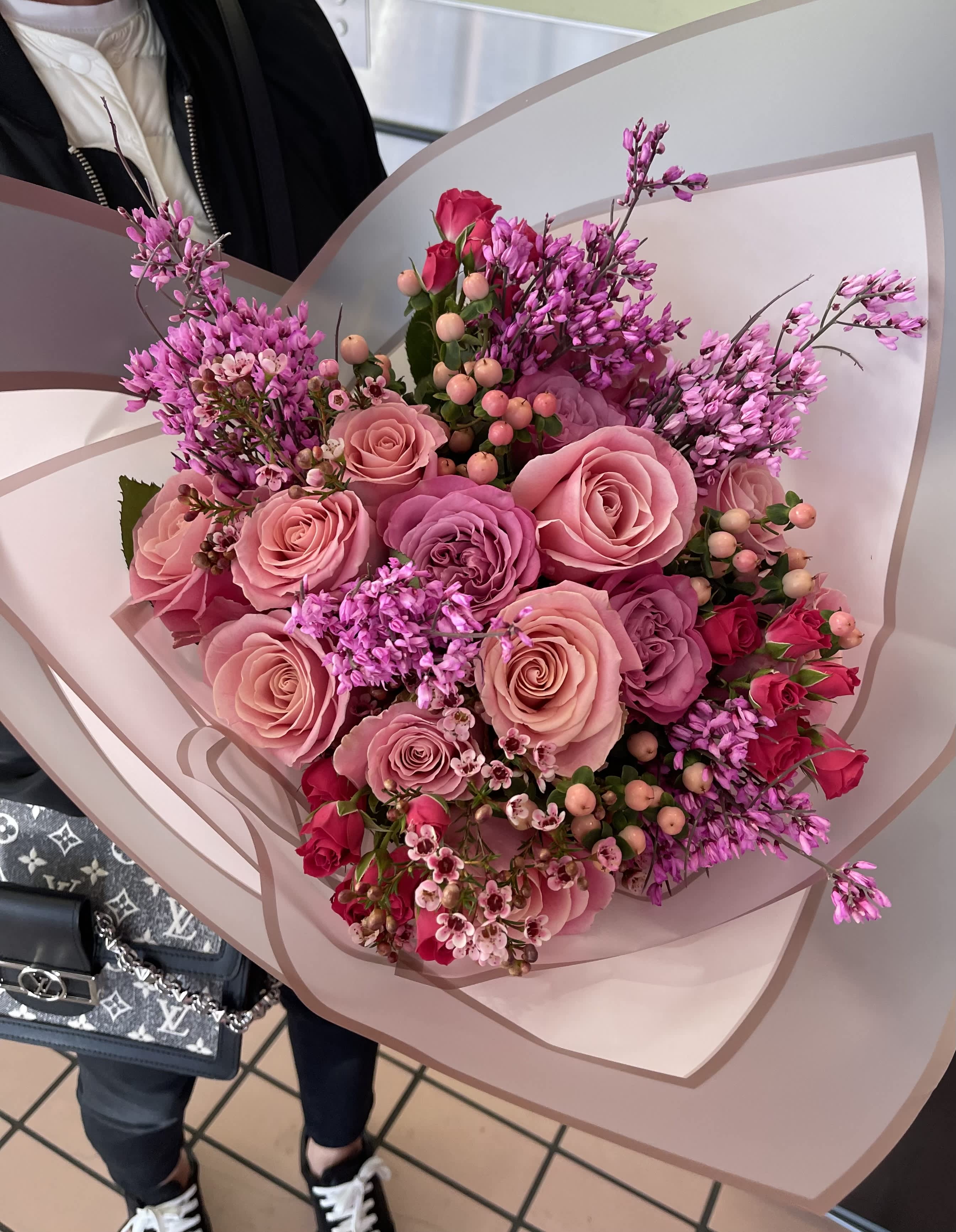 For you bouquet  - Flower : Shades of pink roses with coffee bean, wax flower, green  