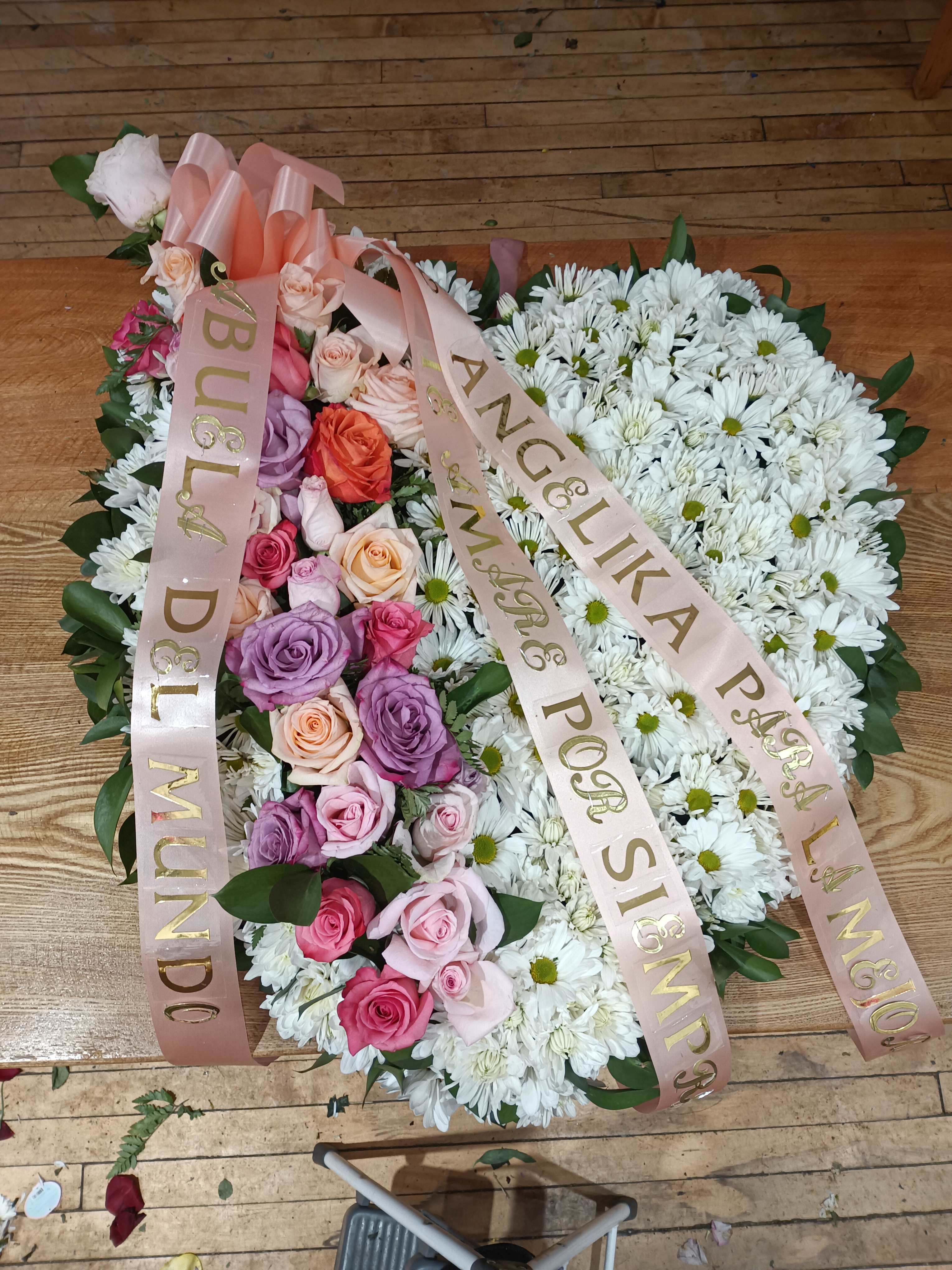 Sorry for your loss - Beautiful white daisies and pastel color roses whole heart spray