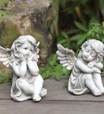 Angel girls 2 assorted - 6&quot; W x 5.75&quot; L x 6.25 H resin. Select standard version for Angel girl on the left with her hands on her face. Select deluxe version for Angel girl on right asleep on her knees
