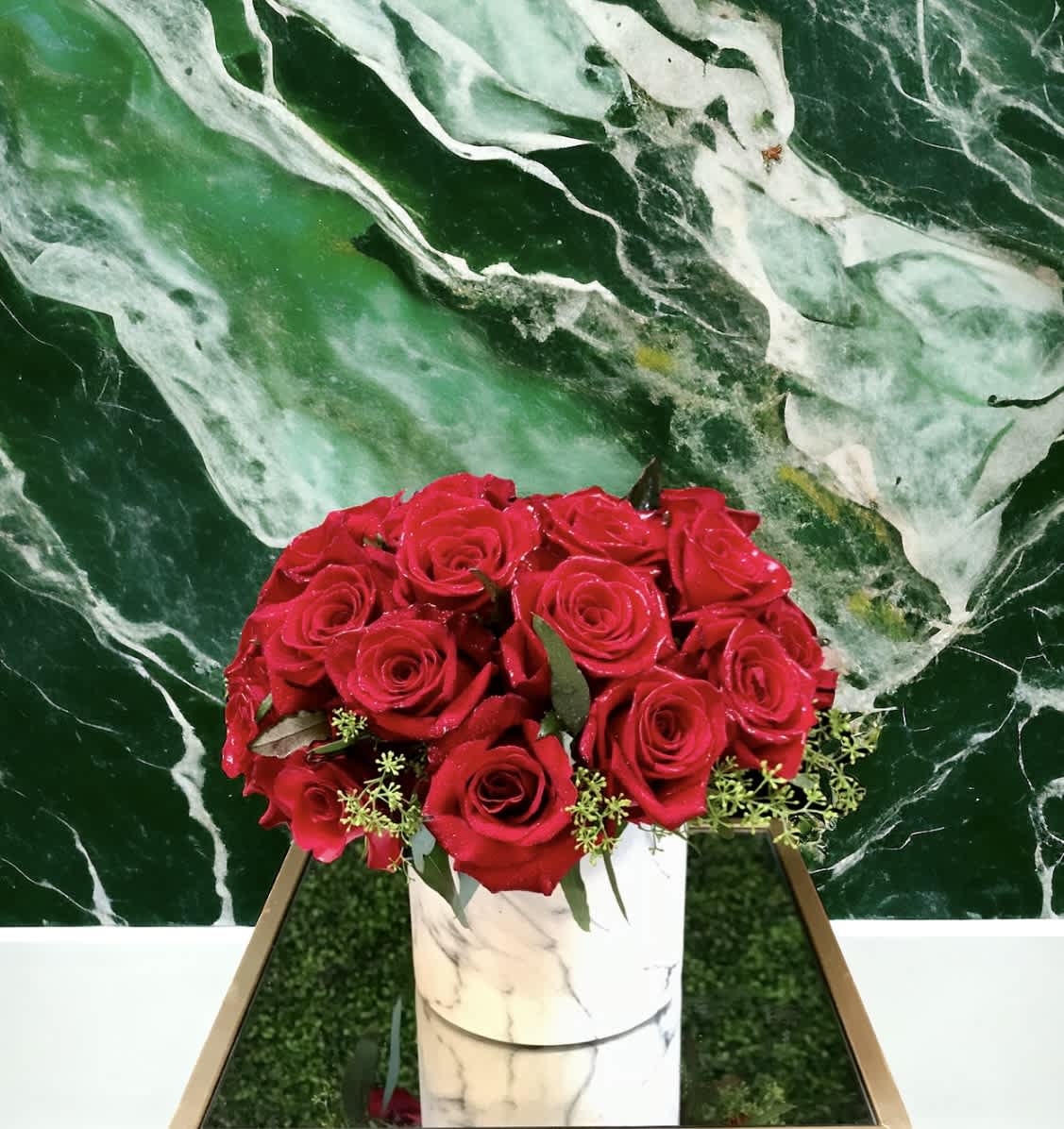 Red lover - Flower : 50 Red roses , eucalyptus  Vase : 6” by 6” white marble ceramic vase