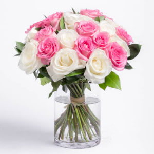 &quot;18&quot; Roses, Pink &amp; white mix in Glass Cylinder - Beautiful mix of  18 Pink and White Roses in a glass cylinder accented with babies Breath stands about 21-23 inches tall in this special design. ( gathered in the center)