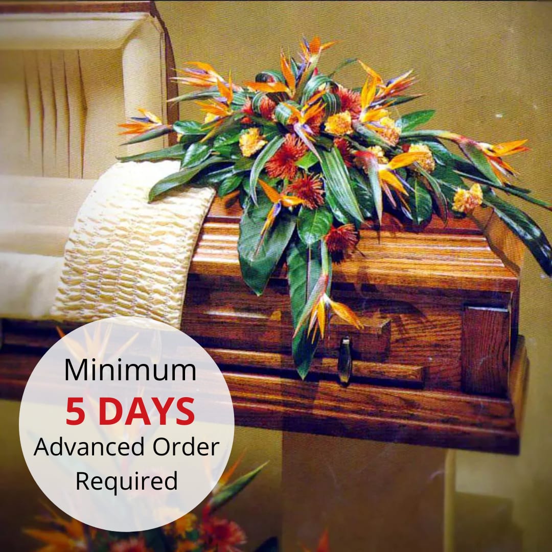 Tropical Solace (Closed Casket, Large) - A larger version of the medium Tropical solace. Please note that 5 days is required to ensure that the flowers can be properly staged for quality results. (Approx. 46&quot;W)