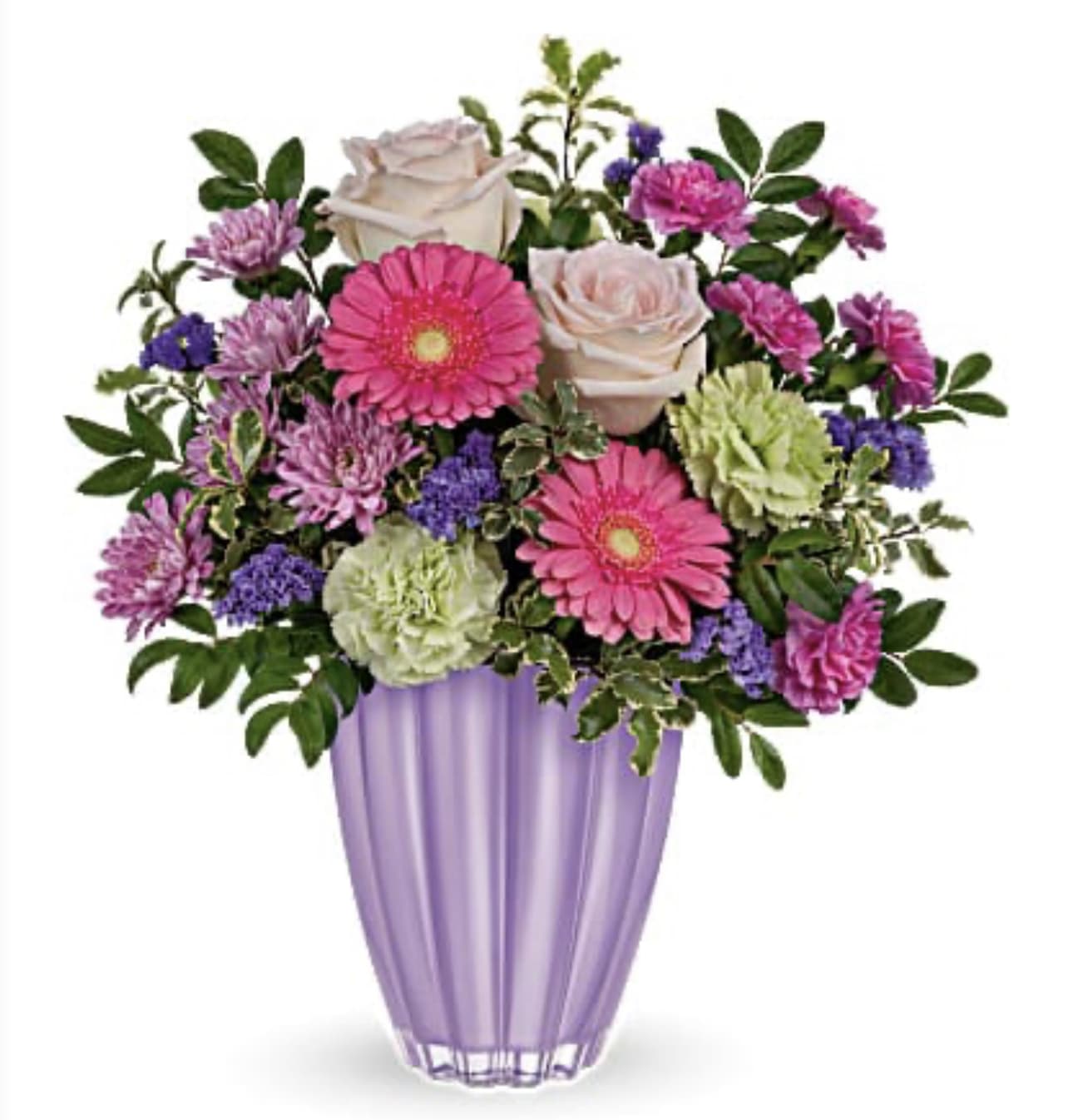 Playful Pastel Bouquet - European glass vase presents a playful bouquet of roses and gerbers