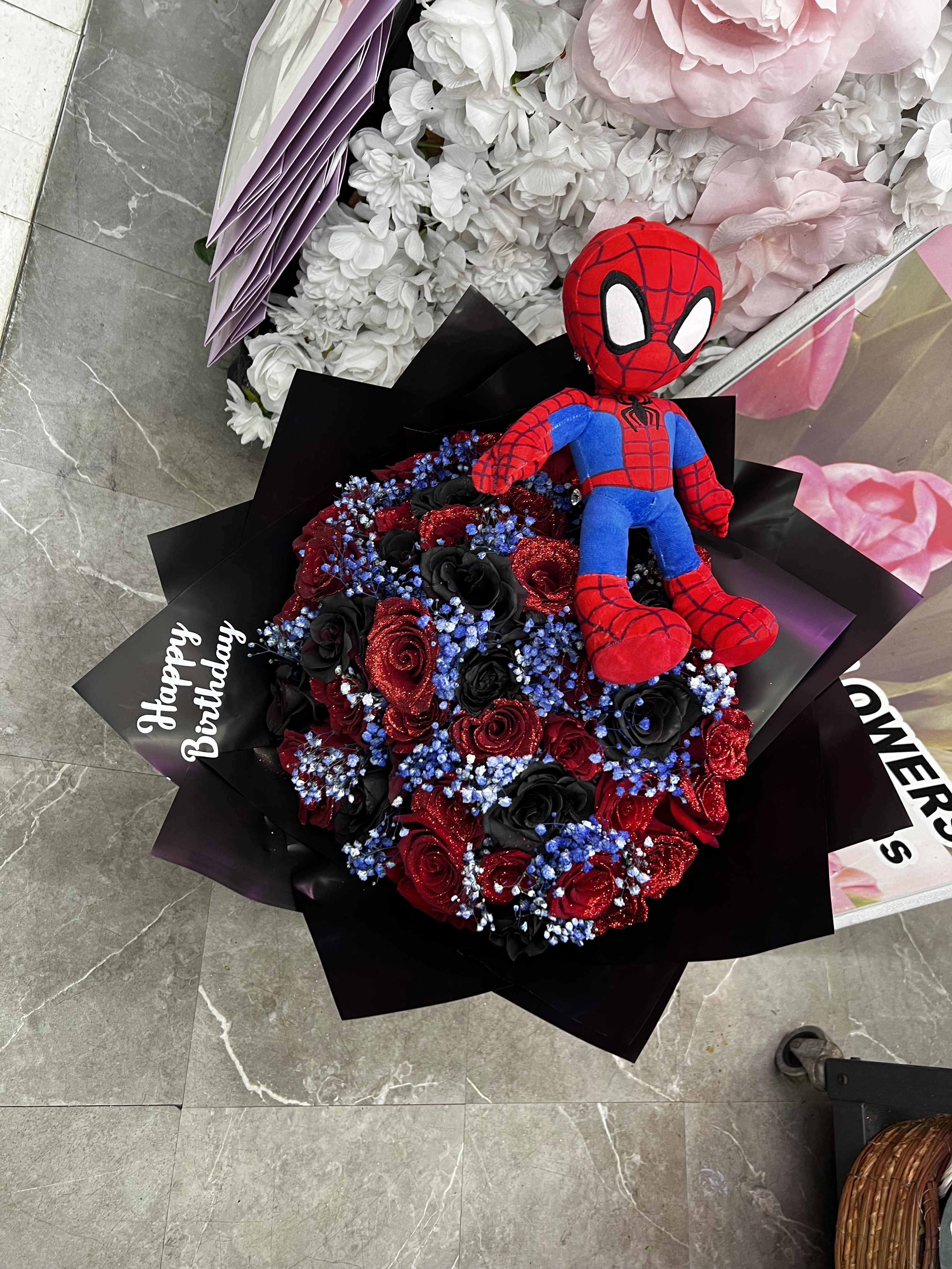 Spiderman plushie bouquet  - 36 roses bouquet  and the plushie 