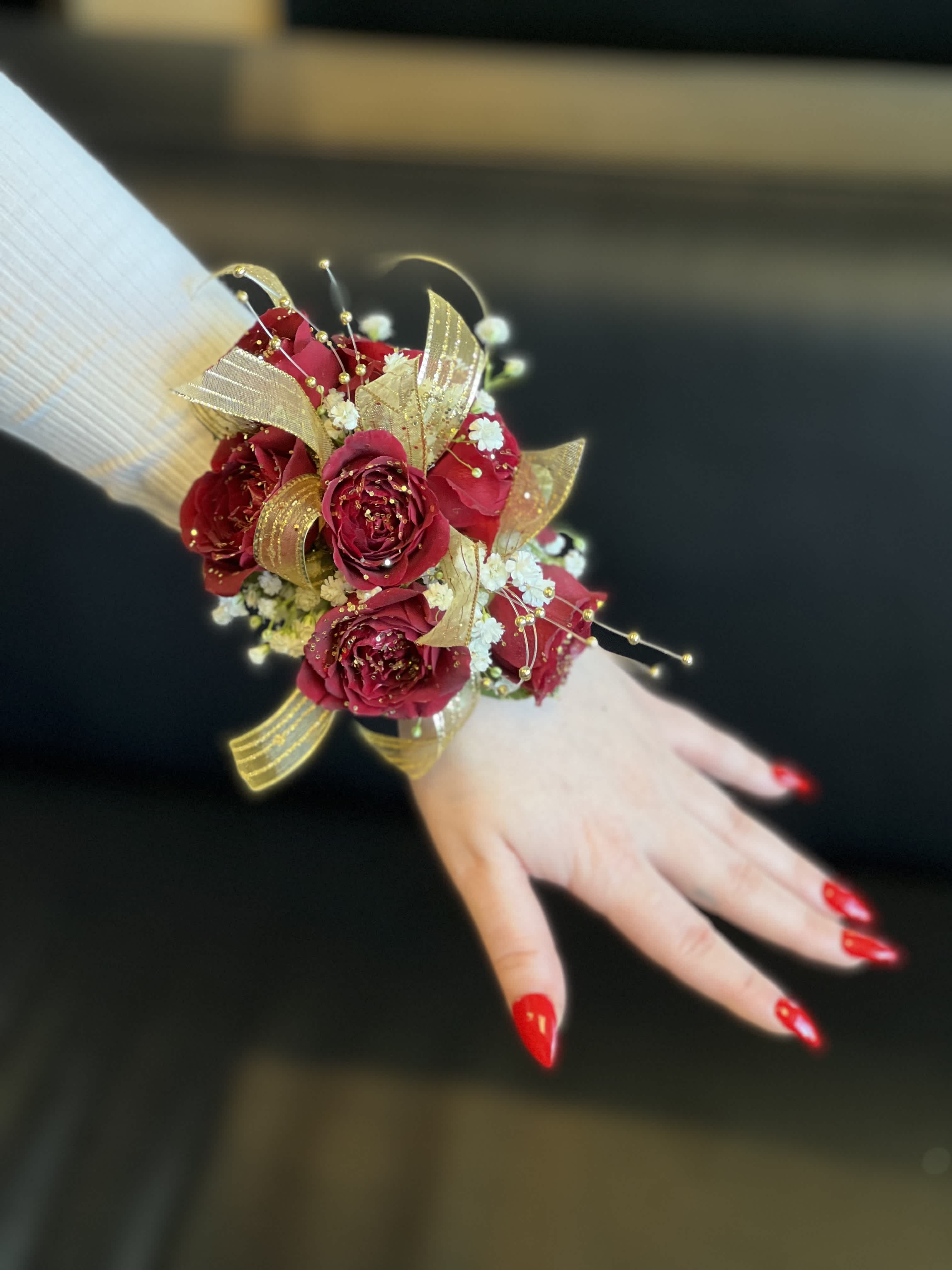 Red and Gold corsage in Cherry Hill NJ Flower Boutique