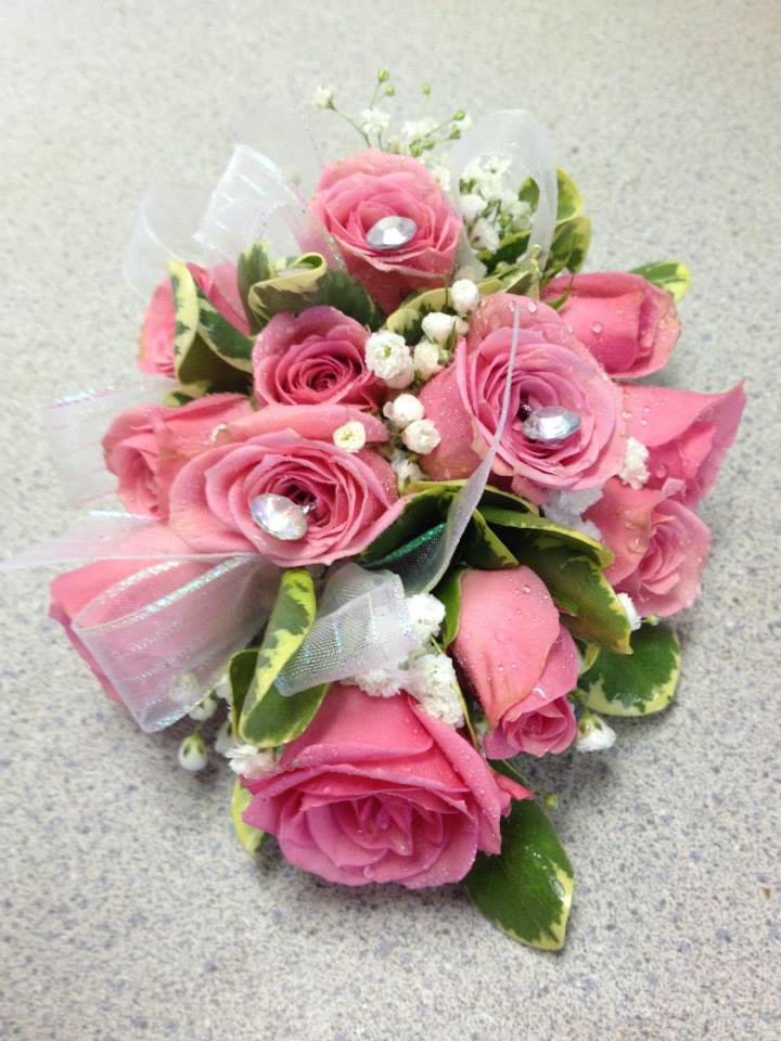 Pink Spray Roses Corsage - Wrist Corsage with Pink Spray Roses, White ribbons, and Gems