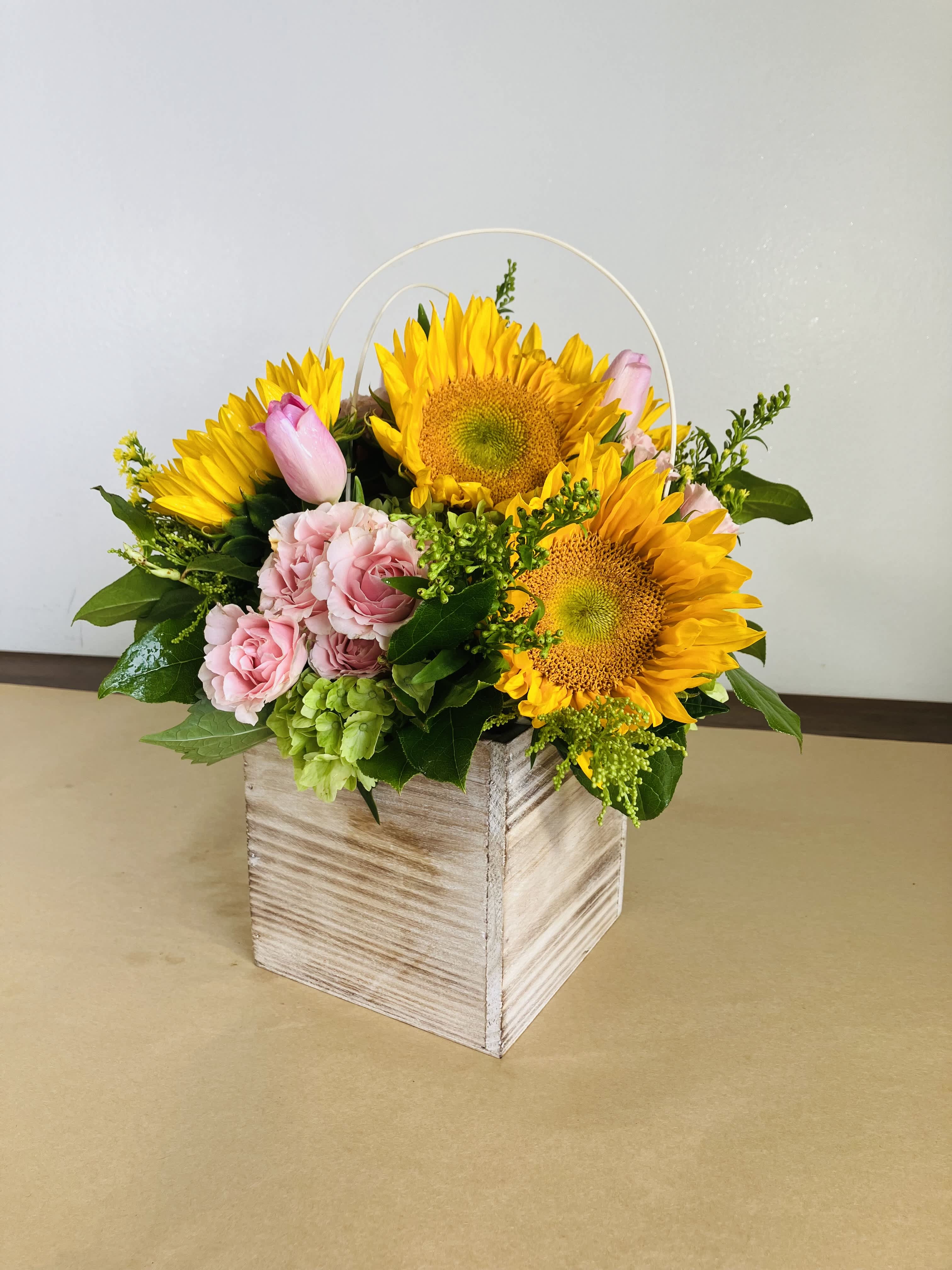 Sweet Sunflowers  - The Sweet Sunflowers Bouquet is a vibrant and an inspiring arrangement featuring sunflowers, pink spray roses, tulips, green hydrangeas, fresh greenery in a wonderfully fragrant cedar box.