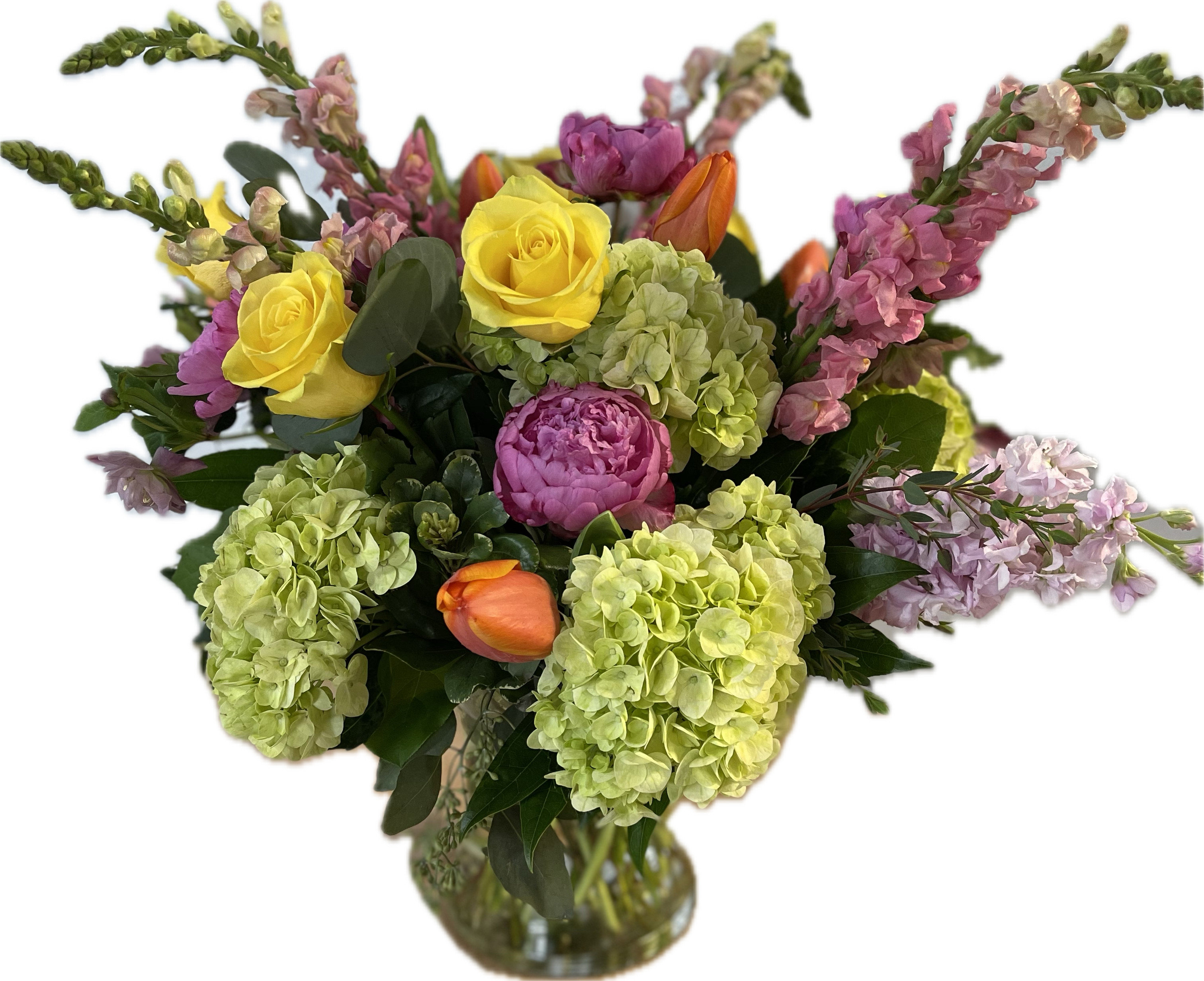Spring Fling!! - Stunning spring mix  arrangement of hydrangea, peonies, roses, tulips, snaps, stock....sure to bring a smile to that special someone