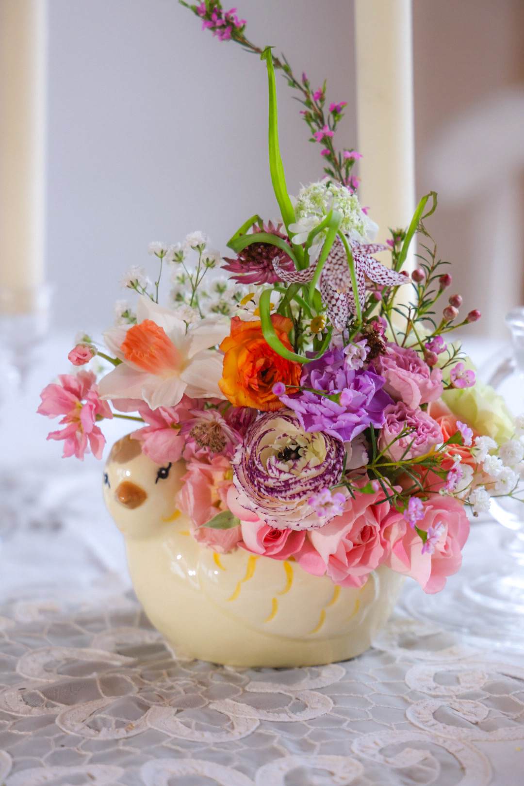 Baby Chick Arrangement - One of a kind by floral designer Stacy Leafsong Arrangements will be delivered by 7pm, for a specific delivery time please include in special instructions. On holidays, our busiest times, deliveries will be made by 7:30pm.