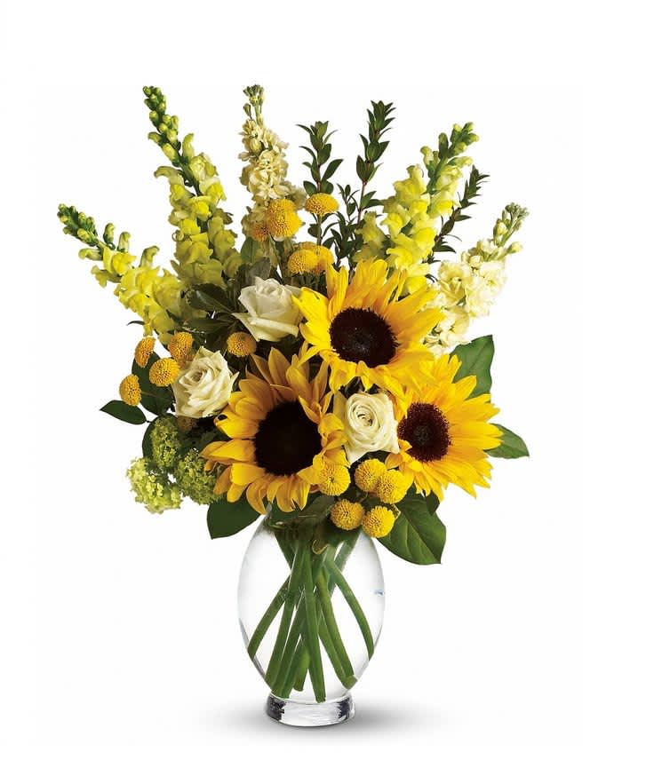 Here Comes The Sun - A vase of yellow blooms to include sunflowers will be sure to brighten the day of a friend and/or loved one!