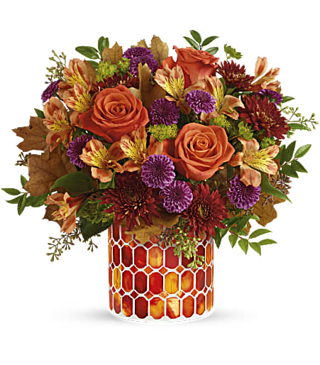 Autumn Radiance Bouquet - Radiant roses and lush fall blooms are presented to perfection in a keepsake mosaic vase of stunning stained glass. 