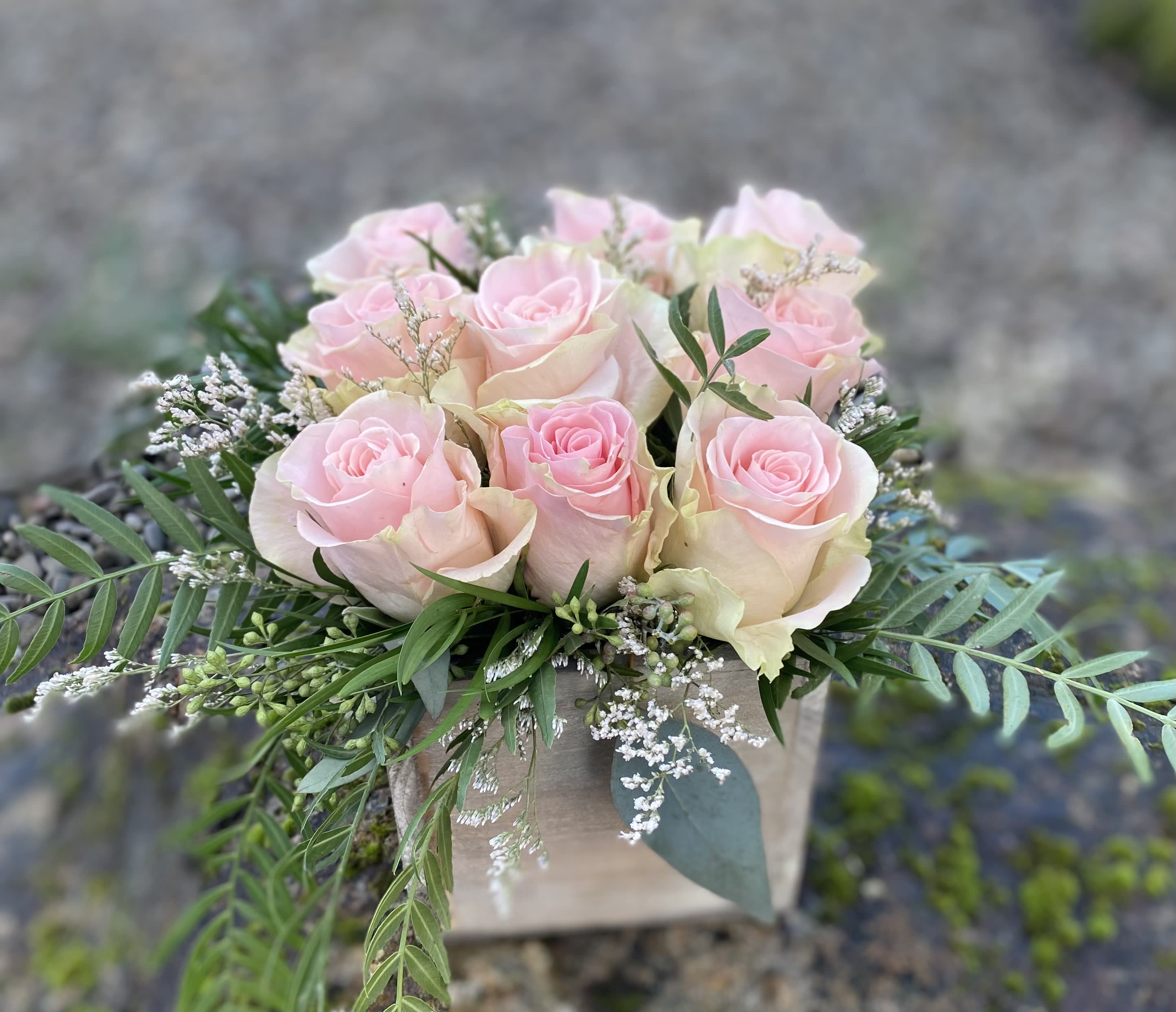 Rustic Love  - Roses in a rustic box includes 9 blooms in sweetheart colors.   Rose color may vary based on availability. Upgrade to Deluxe for a full dozen