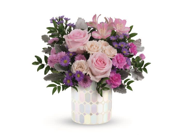 Teleflora's Alluring Mosaic Bouquet - The Alluring Mosaic Bouquet features pretty pink roses! Give mom this arrangement in an iridescent mosaic vase. Alluring Mosaic Bouquet brings sparkle and shine to Mother’s Day!