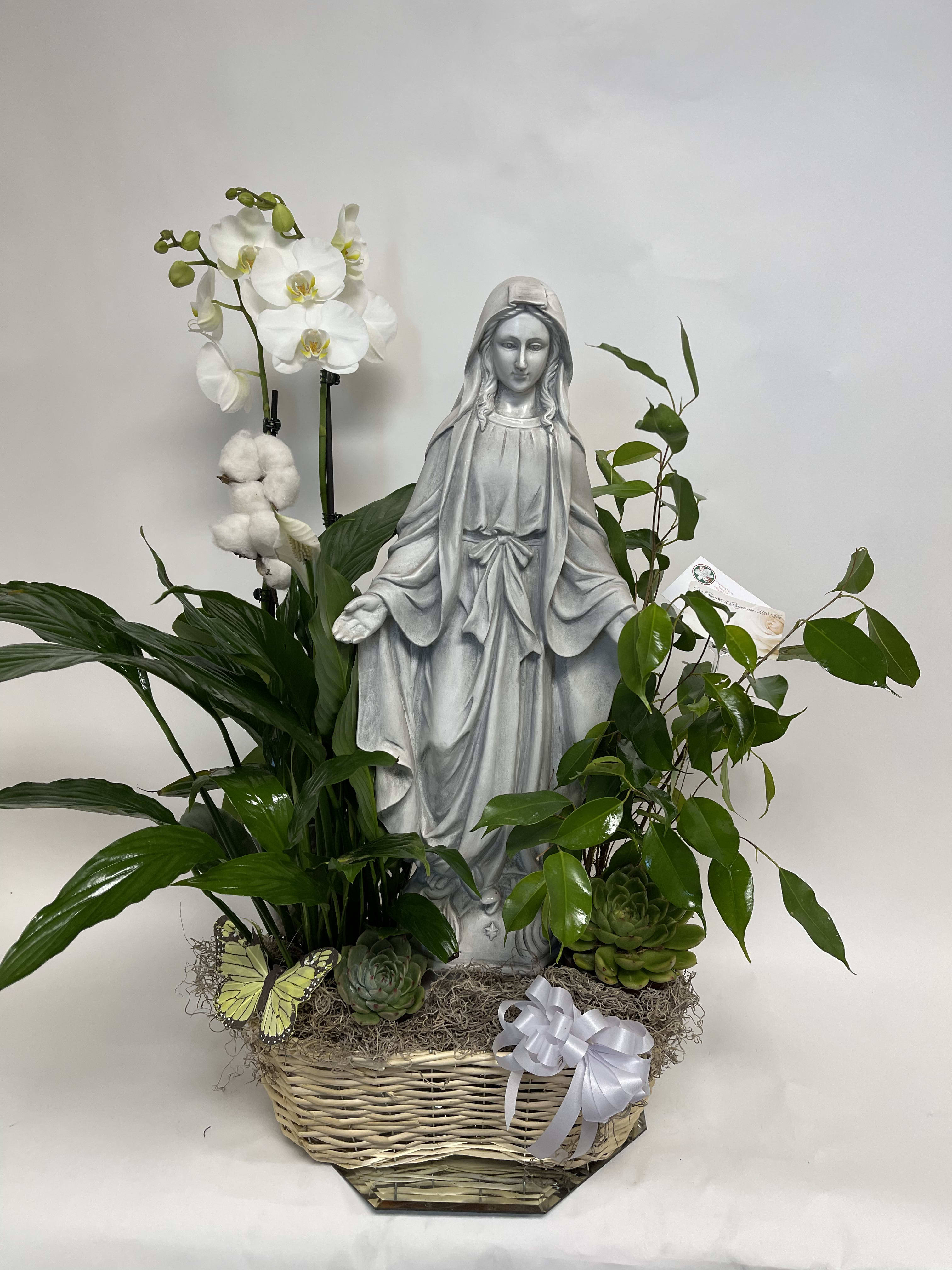 Plant Basket with MARY  - Green plants, succulents and Orchid with Resin Mary Statue approximately 30”