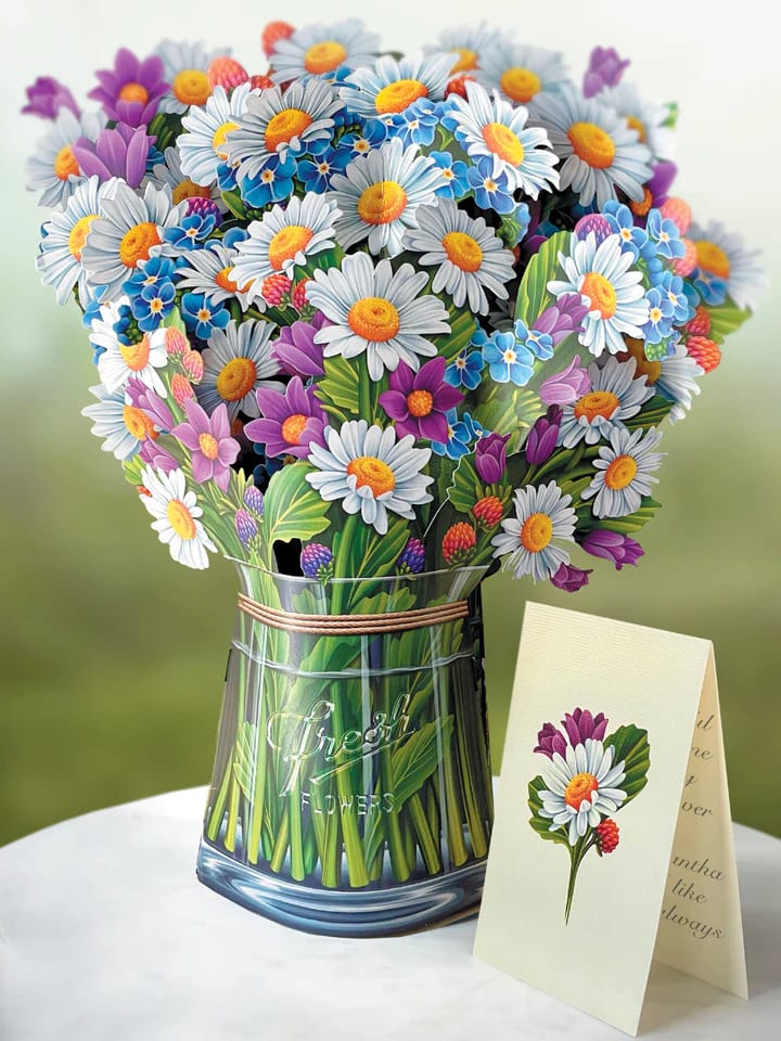 Field of Daisies- Fresh Cut Paper Pop-Up Bouquet  - Stunning paper floral bouquet pops open and brings color to any room. Note: card included- handwritten message upon request. No watering needed. Send some love!