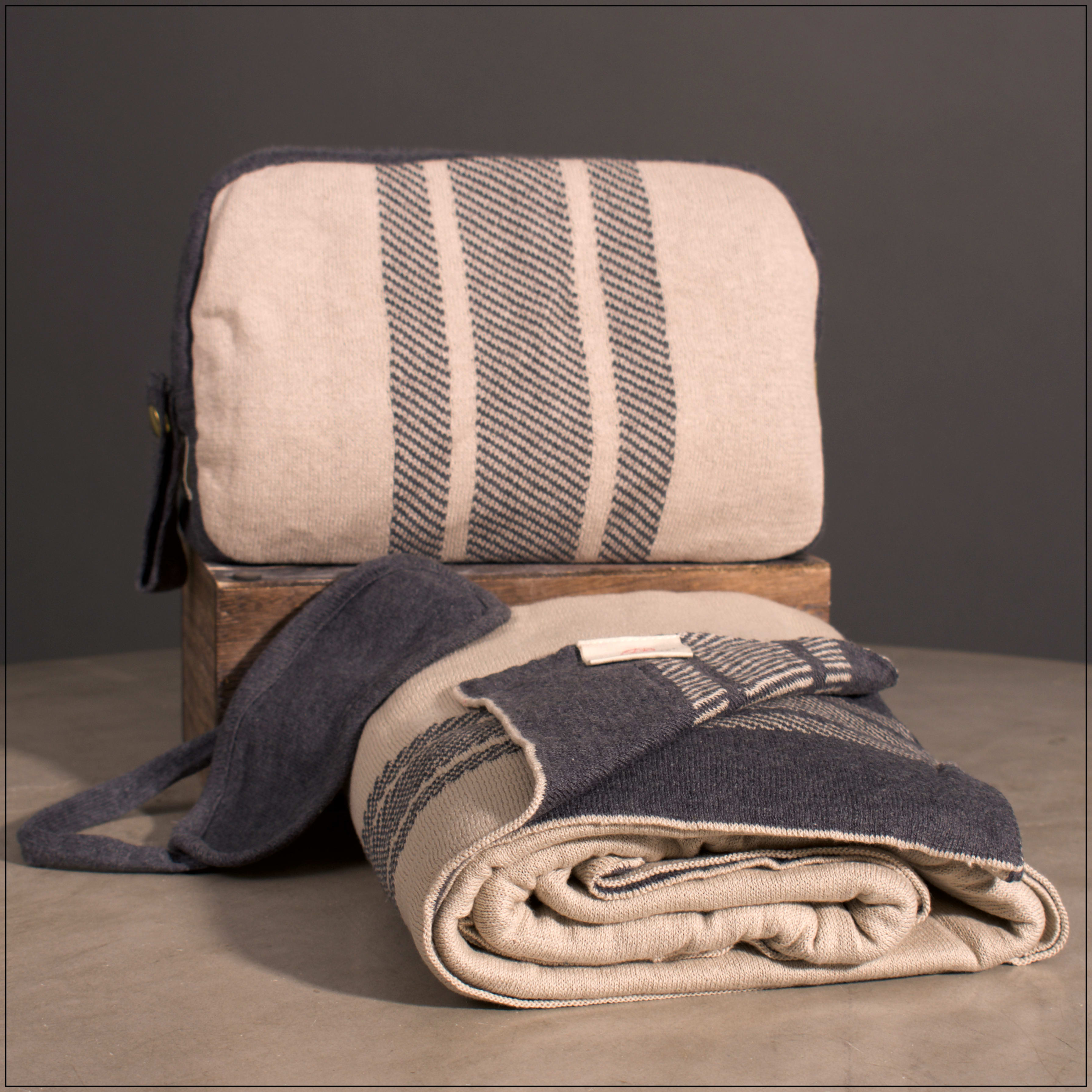Beige/ Grey Reversible Travel Blanket  - Size 40 inches x 60 inches  Fabric 100% Combed Cotton Azo-free OEKO-TEX Certified